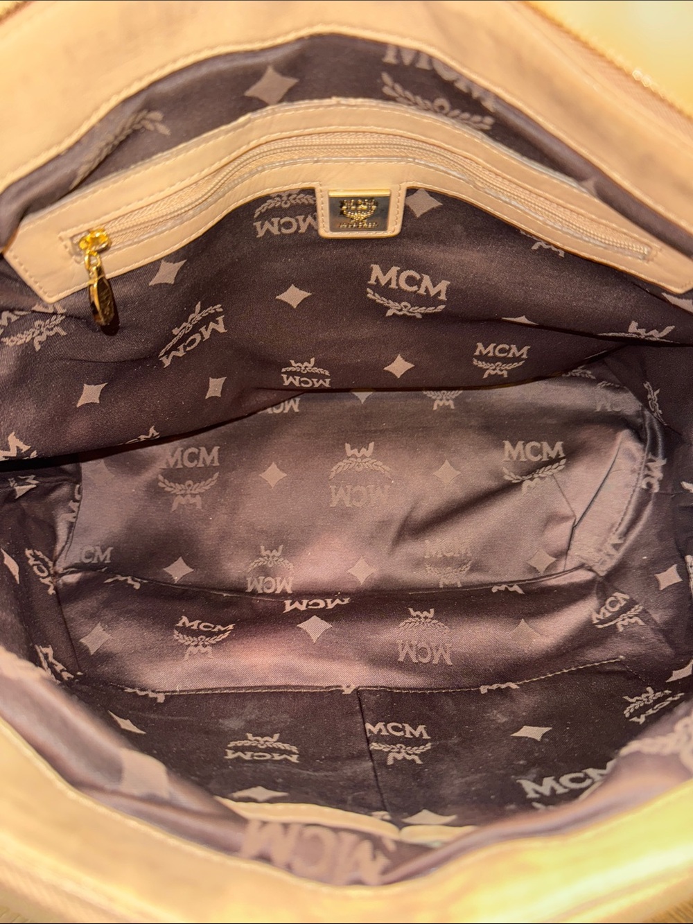 MCM Visetos Beige Monogram Shoulder Bag with Gold Hardware - Picture 11 of 14